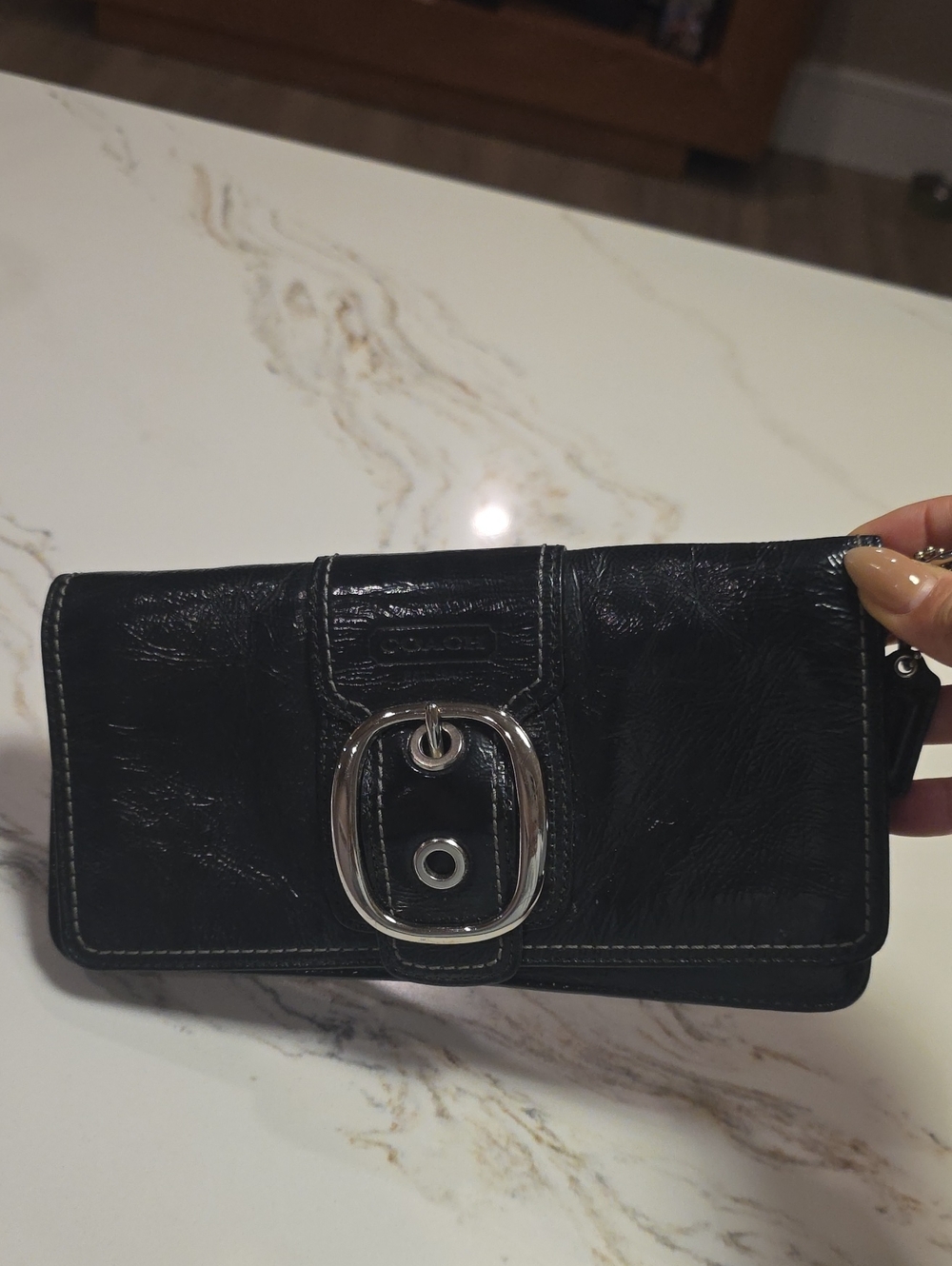 Vintage Coach Black Leather Wallet Wristlet Silver Buckle Accent
